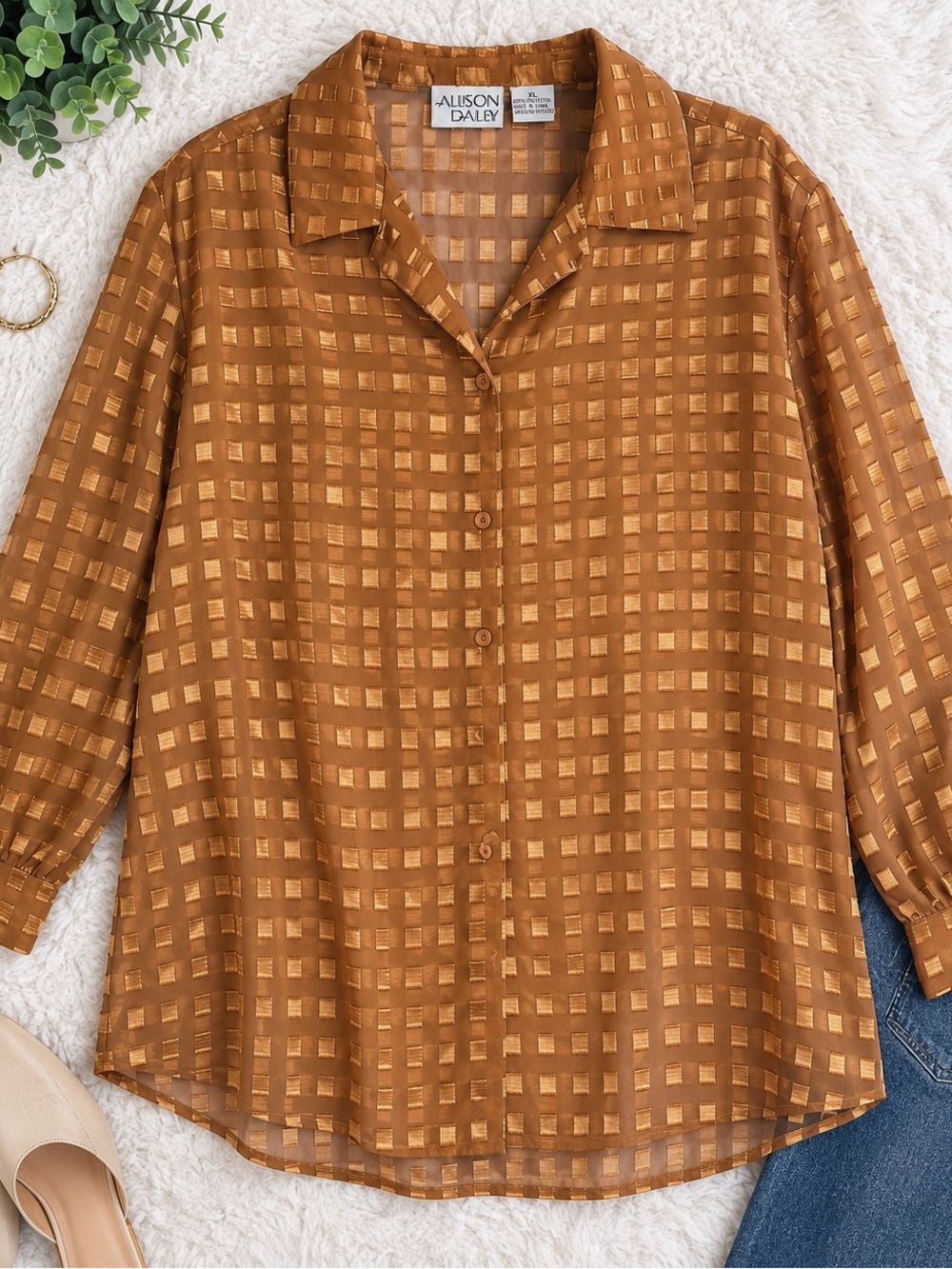 Allison Daley Golden Brown Check Button-Front Blouse